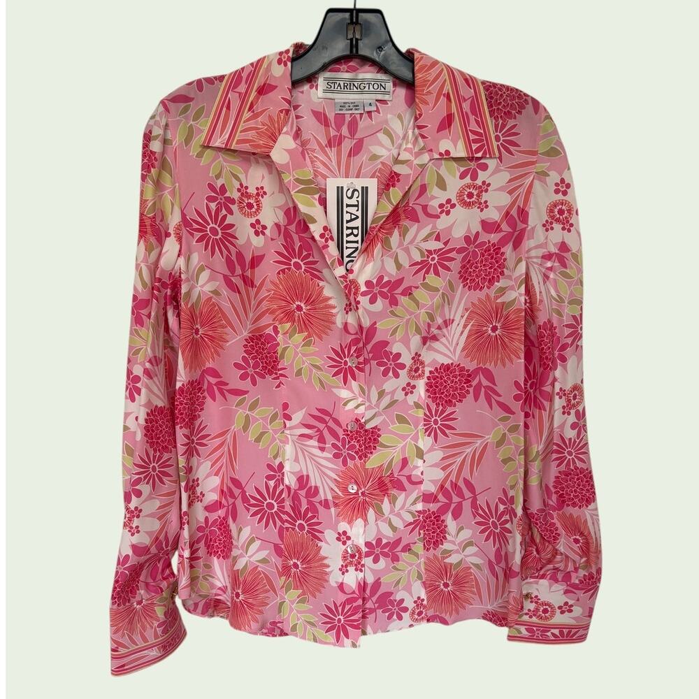 Starington Vintage Silk Floral Button Up Blouse w Cufflinks Deadstock w Tag sz 4